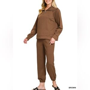 Zenana Scuba Half Zip Sweatshirts and Joggers Set